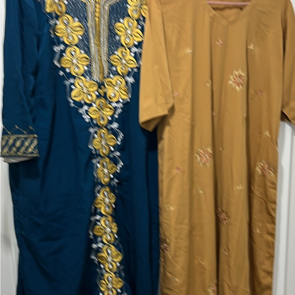 Embroidered Blue and Gold Kaftan with Tan Dress